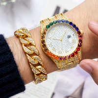 2022 new fashion watches set luxury rhinestones men iced out bracelet wristwatches quartz watch mens dress clock reloj hombre