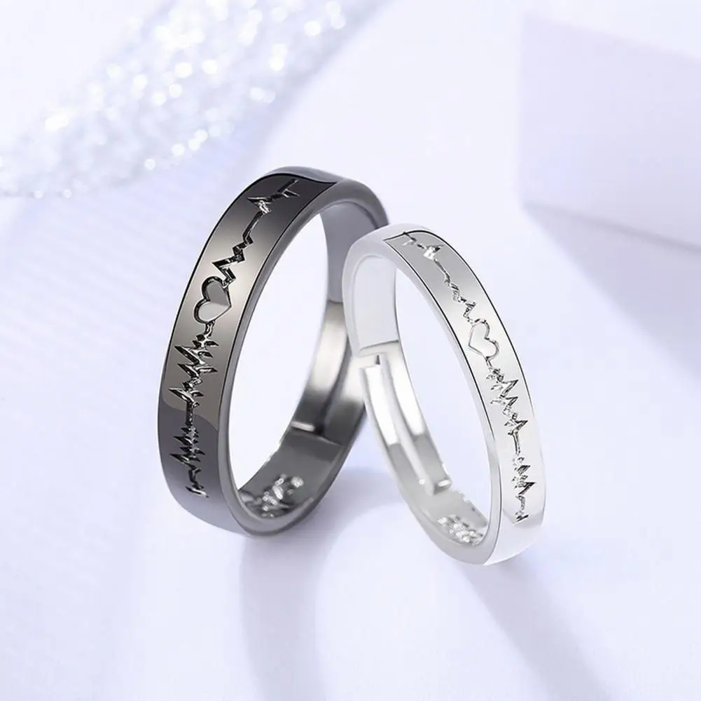 

1Pc Romantic Couple Rings For Women Men Punk Heart ECG Black White Forever Love Promise Wedding Ring Valentine'S Day Gift