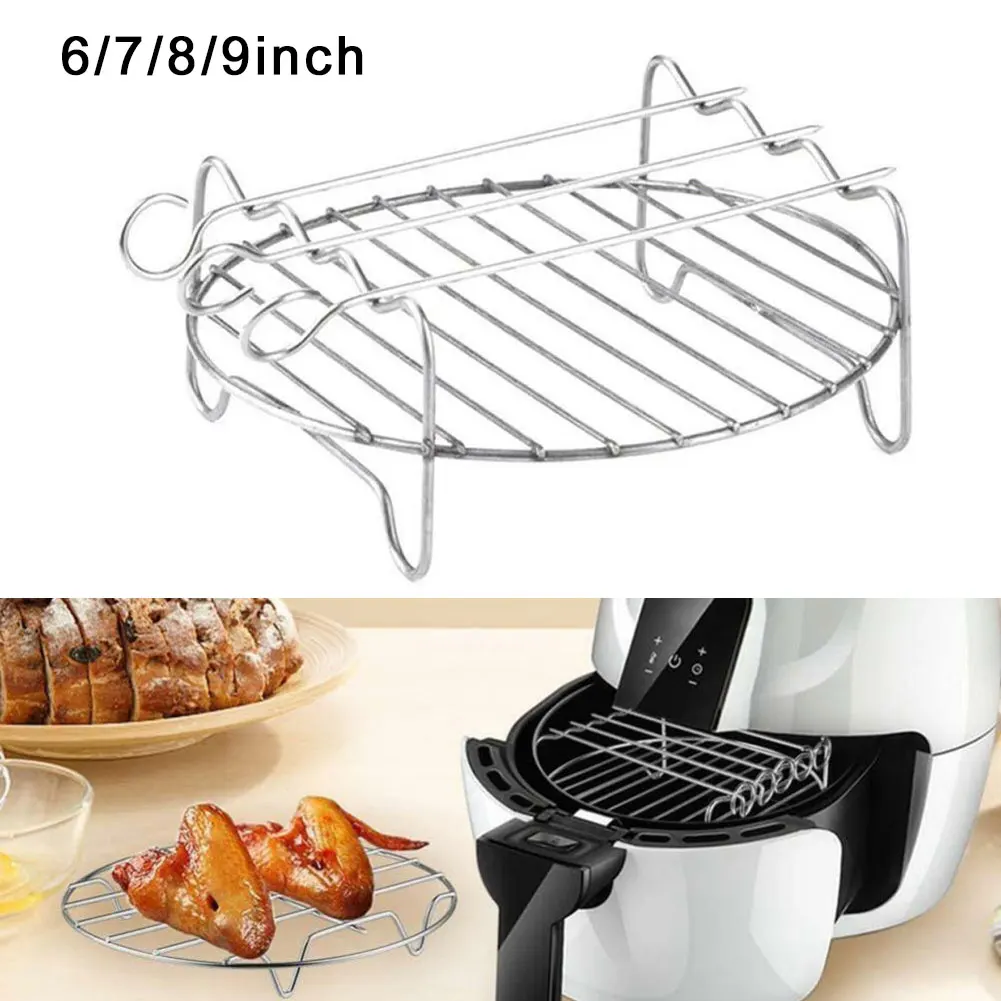 6/7/8/9 Inch Stainless Steel Air Fryer Rack Versatile Grilling Holder Double Layer Stand With Skewers Outdoor BBQ Tools Kitchen