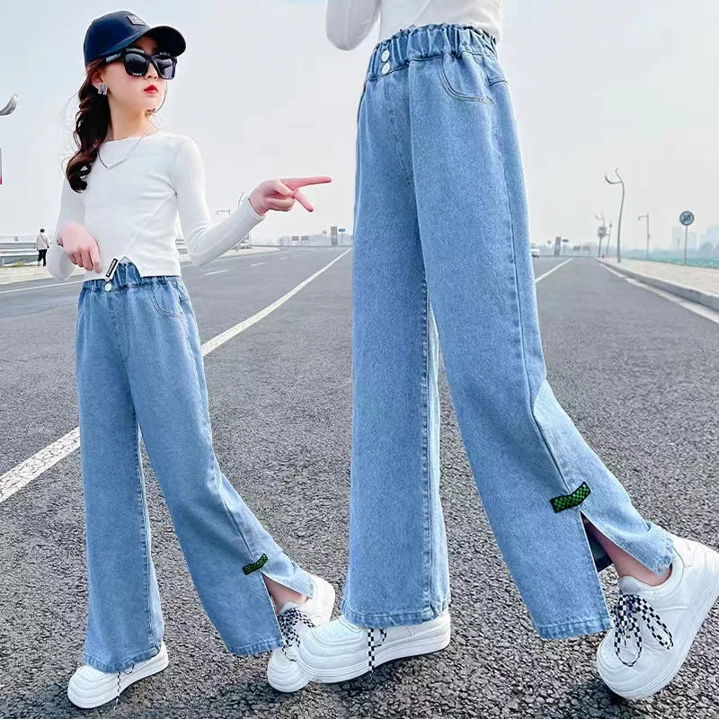 

Teen Girls Summer Elastic Waist Wide-Leg Pants Loose Soft Fashion Split Denim Trousers Students Jeans 2 4 6 8 10 12 13 Years Old