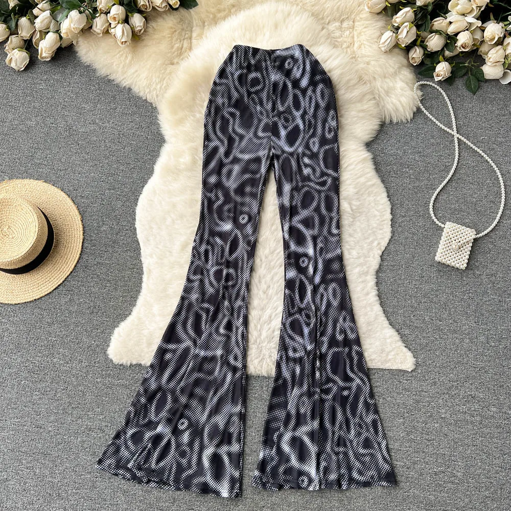 

Новые весенние облегающие повседневные брюки-клеш в европейском и американском стиле с индивидуальным принтом и высокой талией