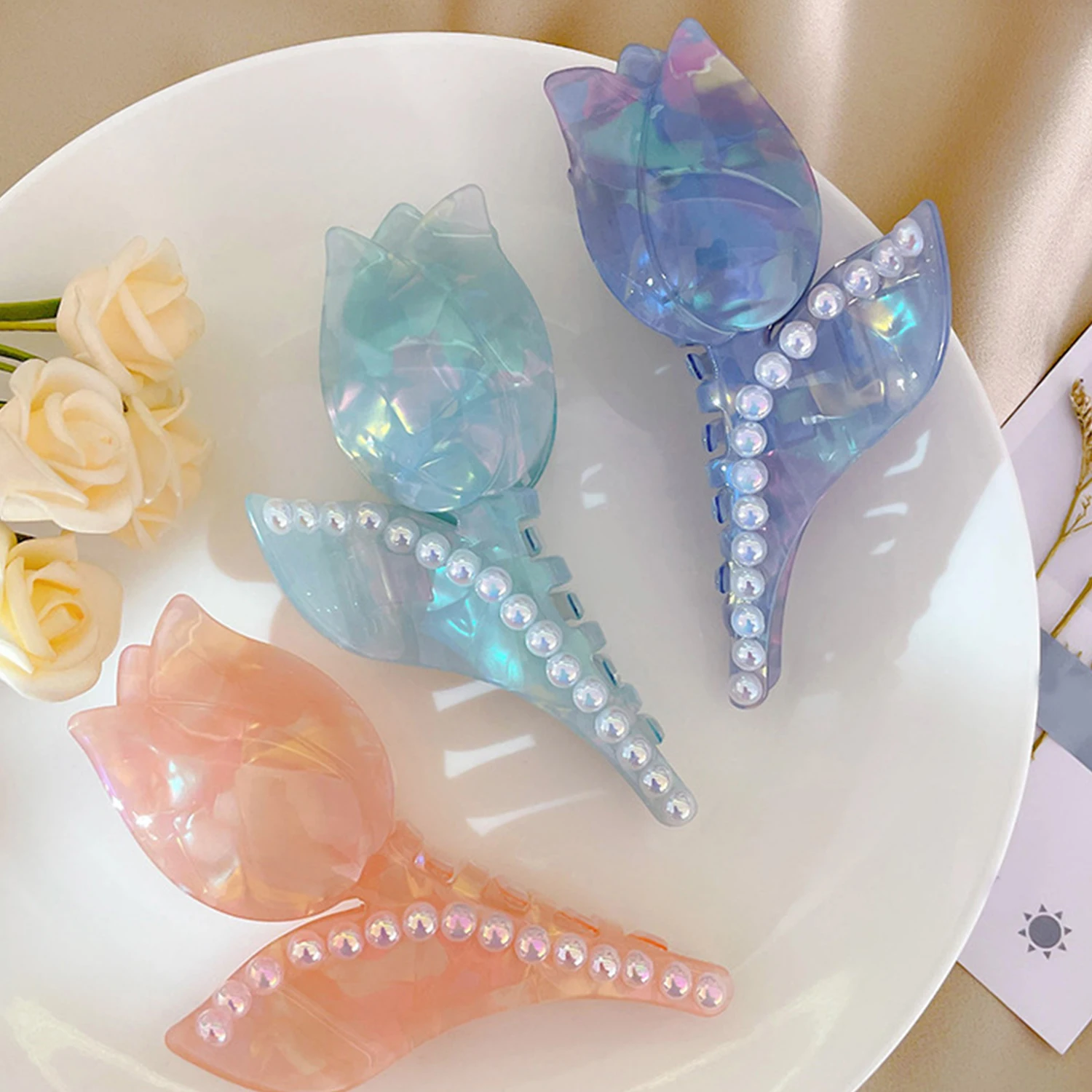 

Mermaid Color Flower Hair Claw Temperament Personality Design Shark Clip Tulip Pearl Hairpin Light Grab Hair Claws For Women