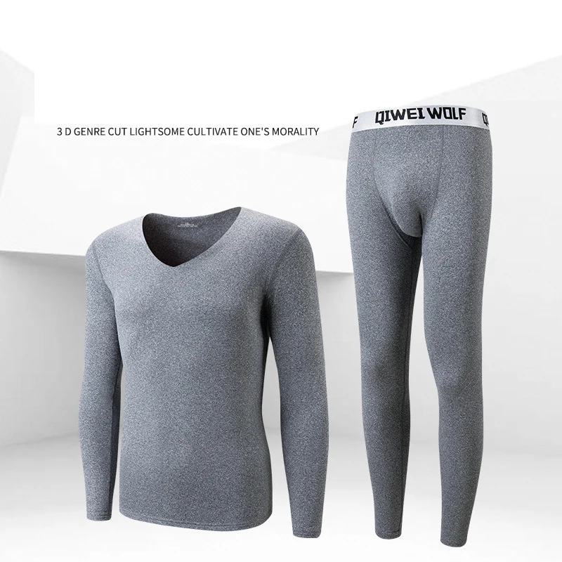 High Quality Long johns men thermal underwear sets thin fleece elastic material soft V-neck undershirt+underpants size L to 4XL