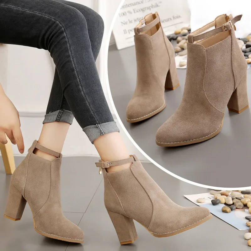 

Plus Size 35-43 Women Short Boots Flock Back Pointed Toe 8.5cm High Heels Pumps For Woman Office Work Shoes Female Ankle Booties