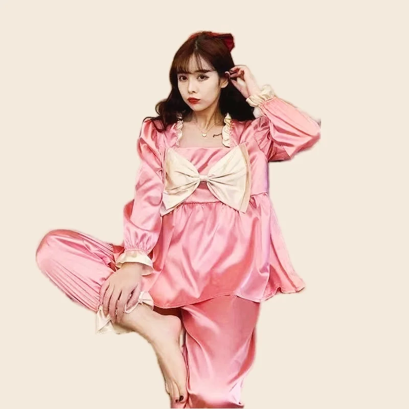 

Cute Pajamas Set Full Sleeve T-shirt Long Pants 2Piece/Set Summer Sexy Bow Pyjama Big Size Homewear Cozy Plus Sweet Sleepwear