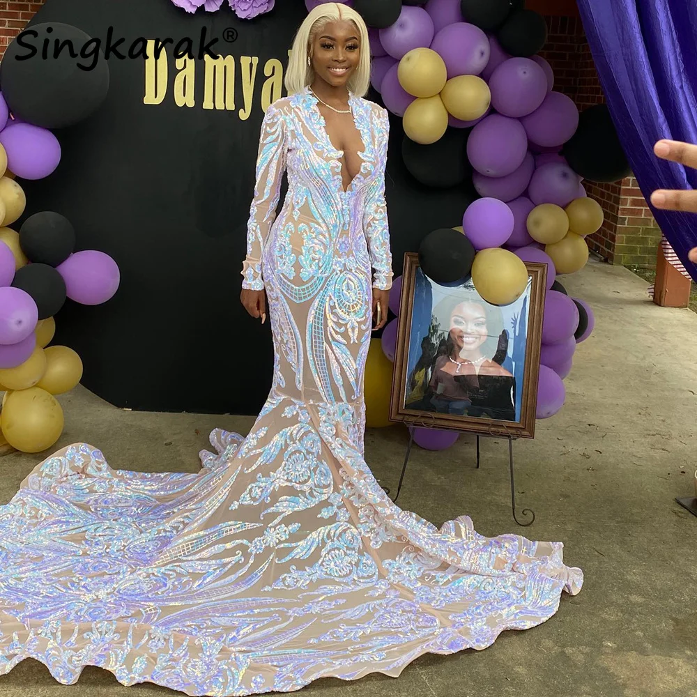

Sparkly Sexy Long Mermaid African Prom Dresses Full Sequins Birthday Party Dress Evening Gown Formal Robe De Bal Custom