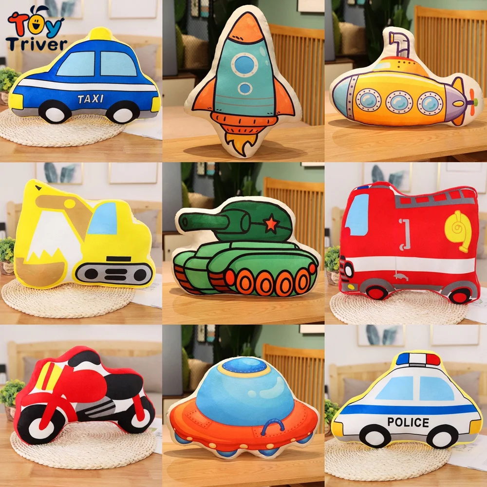 Kawaii Police Car Fire Truck Excavator Motor Tank Plush Toys Stuffed Doll Pillows Cushion Kids Children Boys Gifts Room Decor