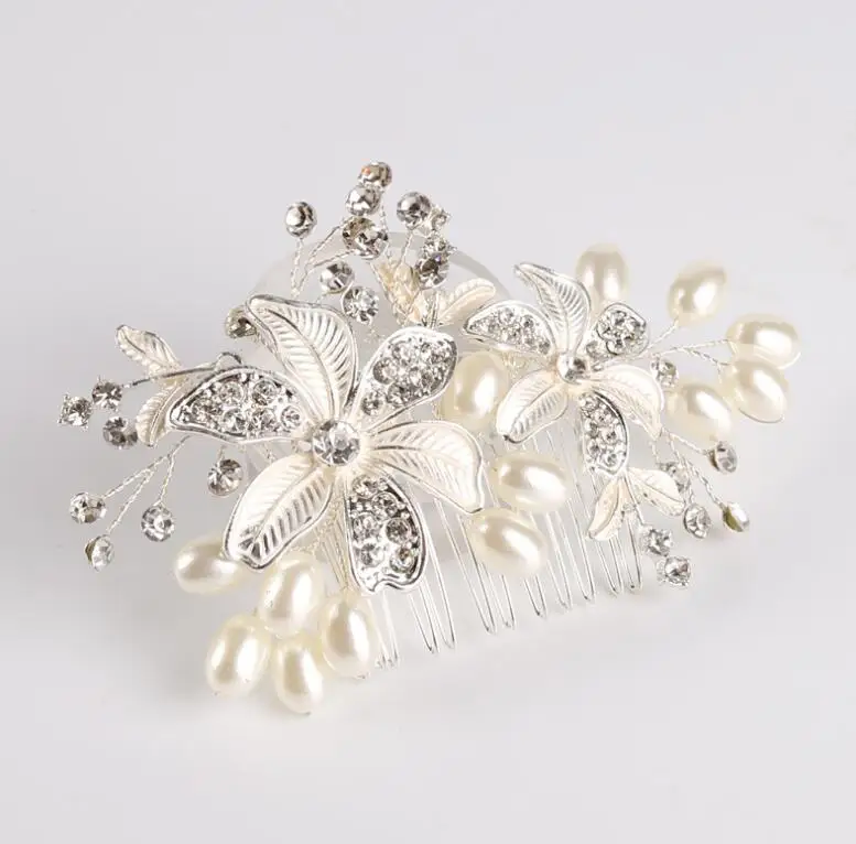 

Pearl hair comb, wedding dress rhinestone flower accessories bridal jewelry