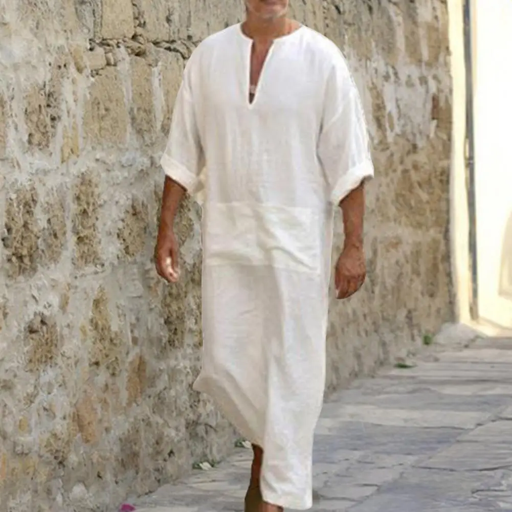 Portable Male Robe Skin-touch Long Shirt V Neck National Costume Men Clothing  Decorate