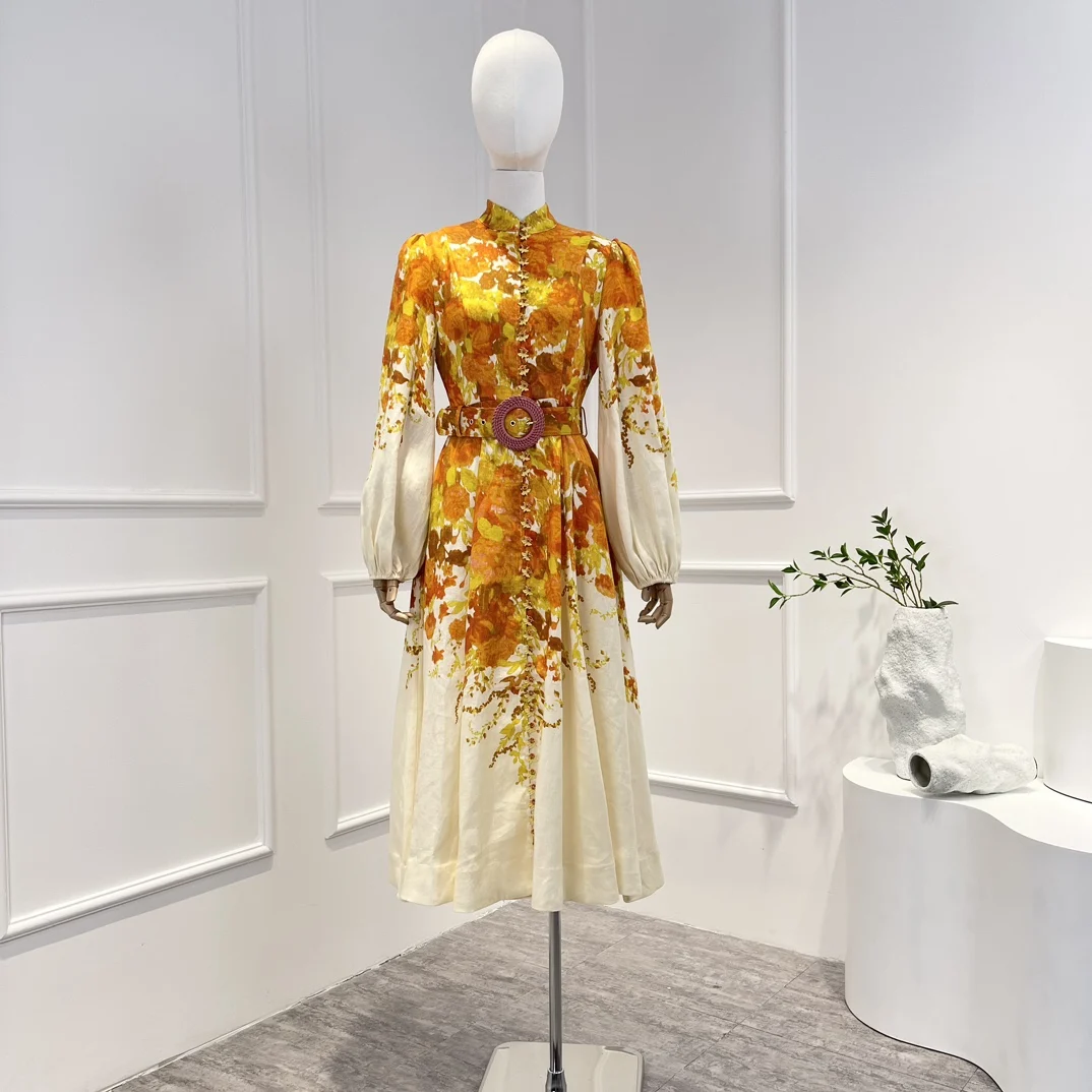 

2022 New Arrival High Quality Red Yellow Hand Painting Floral Front Buttons Long Lantern Sleeve Midi Dress Elegant Lady