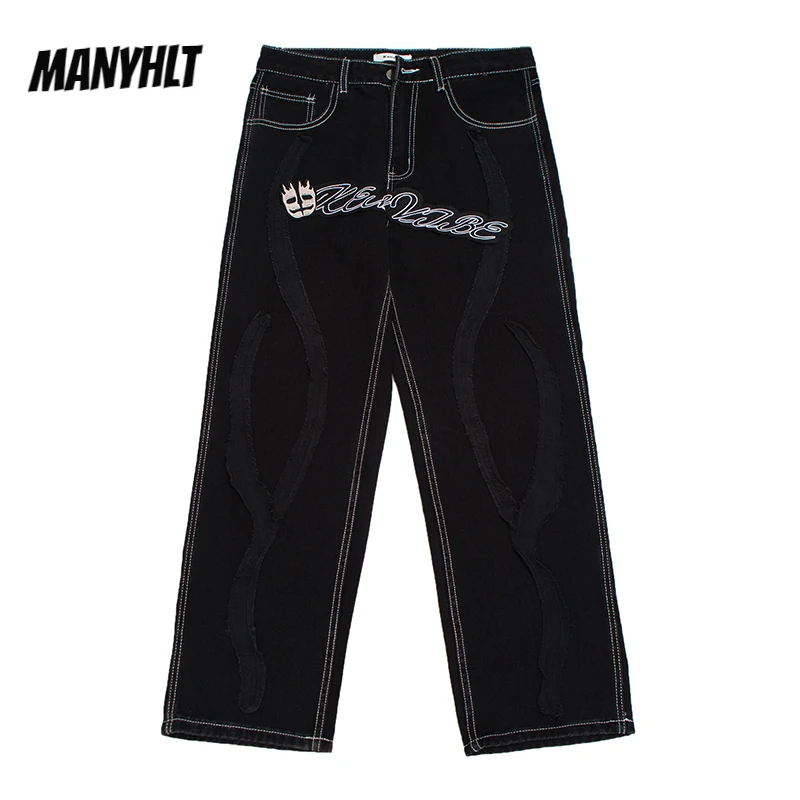 

Harajuku Striped Patchwork Skull Embroidery Retro Mens Jeans Pants Oversize Straight Casual Denim Trousers Streetwear Toursers