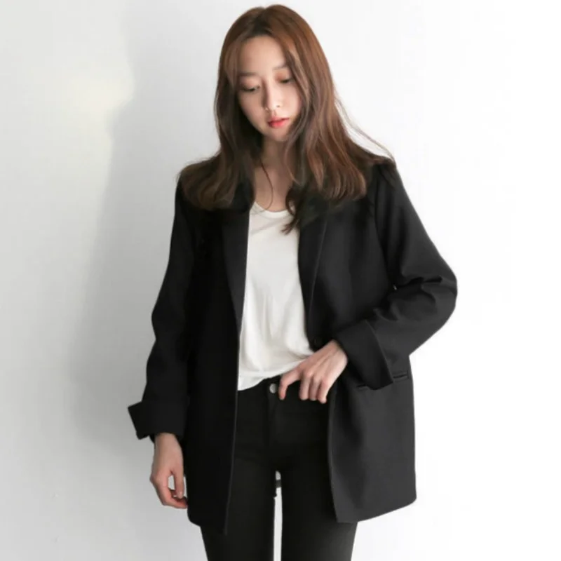 Black Suit Blazer Office Jacket Ladies Tailored Oversized Fashion Double Buttons Long Loose Coat Formal Casual Autumn Women Suit