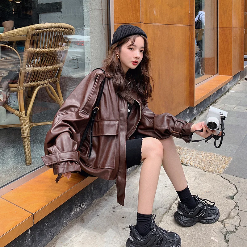 Women 2023 Hip-hop Style Pu Faux Leather Coat Early Autumn New Korean Style Cool Loose Fashion Zipper Short Jacket Basic Jackets