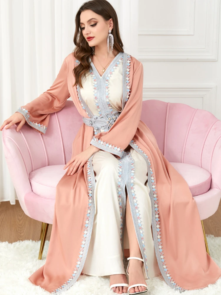 Ramadan Abaya Moroccan Kaftan for Women Belted 2 Piece Party Long Dresses Gulf Jalabiya Muslim Set Islamic Dubai Banquet Abayas