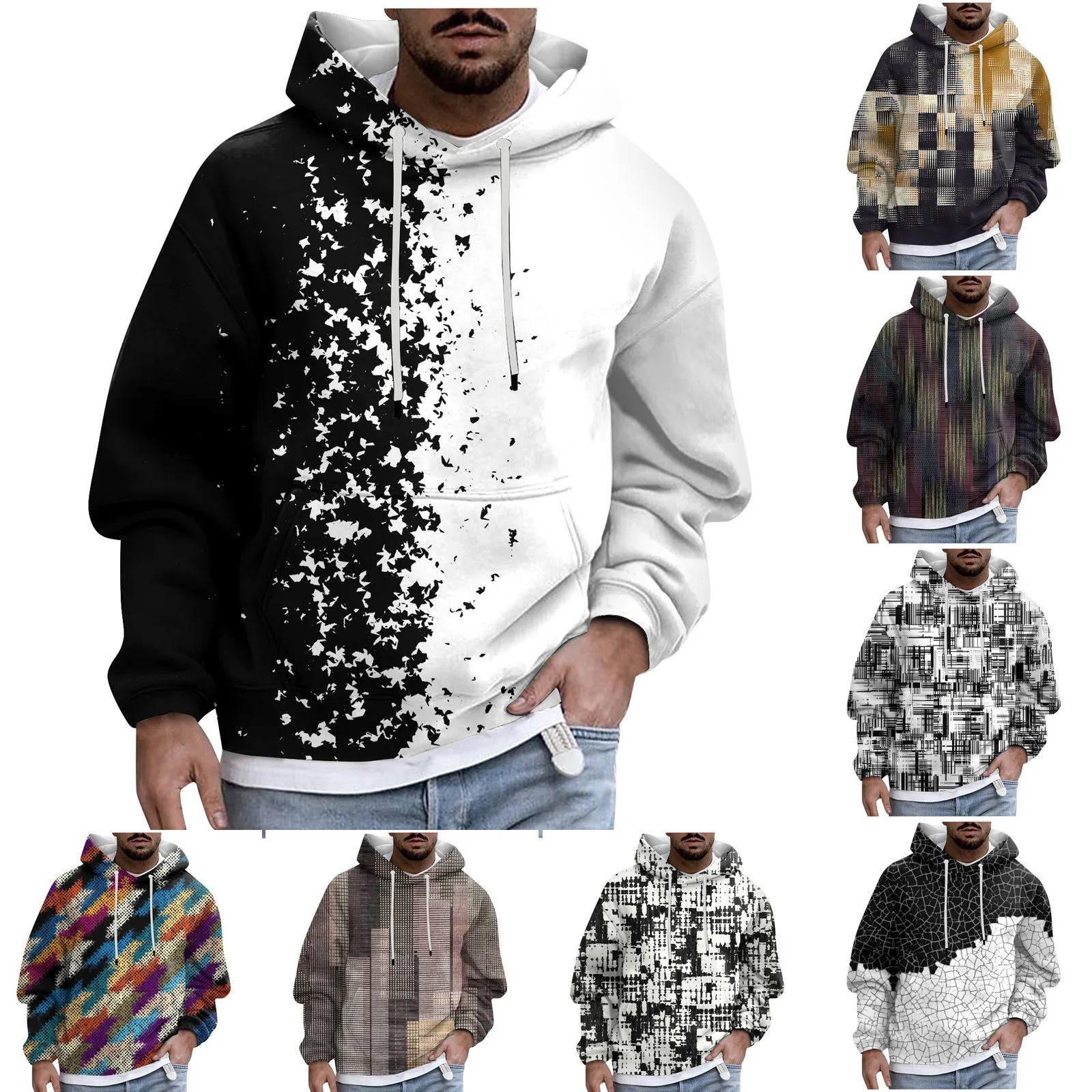 

Men Print Plush Warm Coat Fleece Sweater Oversize Casual Pocket Hooded Coat Autumn Winter Black White Men'S Design Topsudadera