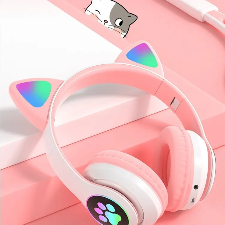 Flash Light Cute Cat Ear Headphones Wireless with Mic Can close LED Kids Girls Stereo Phone Music Bluetooth Headset Gamer Gift