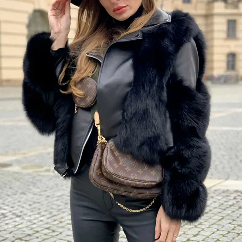 Winter Fashion Ladies Long-sleeved Lapel Faux Fur Stitching Black Fake Fur Flocking Beltless Fur One Fur New Cropped Jacket