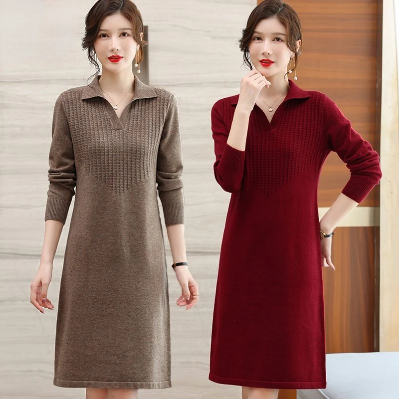 Long-sleeved Knitted Dress Women's Autumn and Winter Mid-length Sweater Dress Bottoming Turn Down Collar Korean Fashion R53