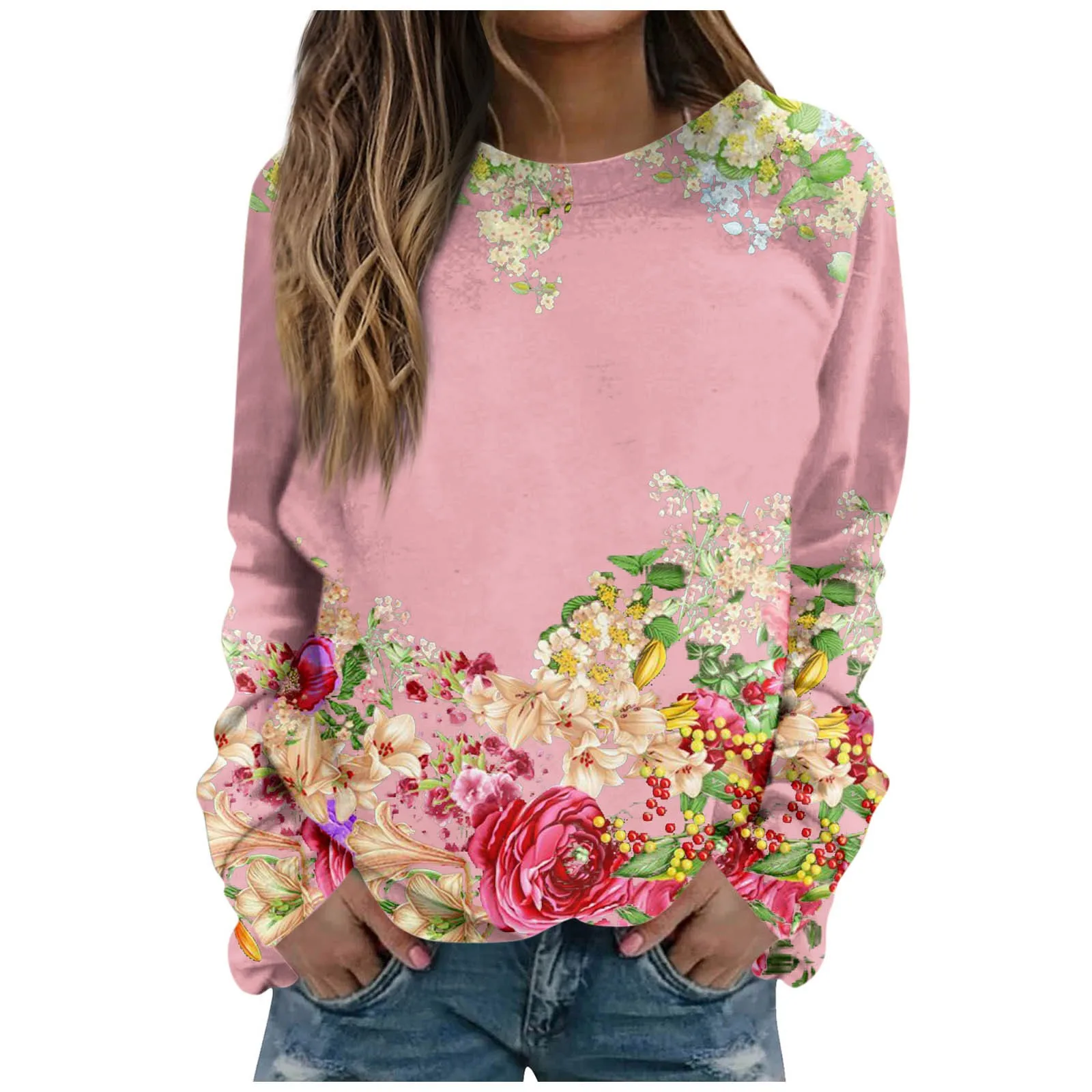 

Женский Повседневный пуловер с длинным рукавом и цветочным принтом, с круглым вырезом