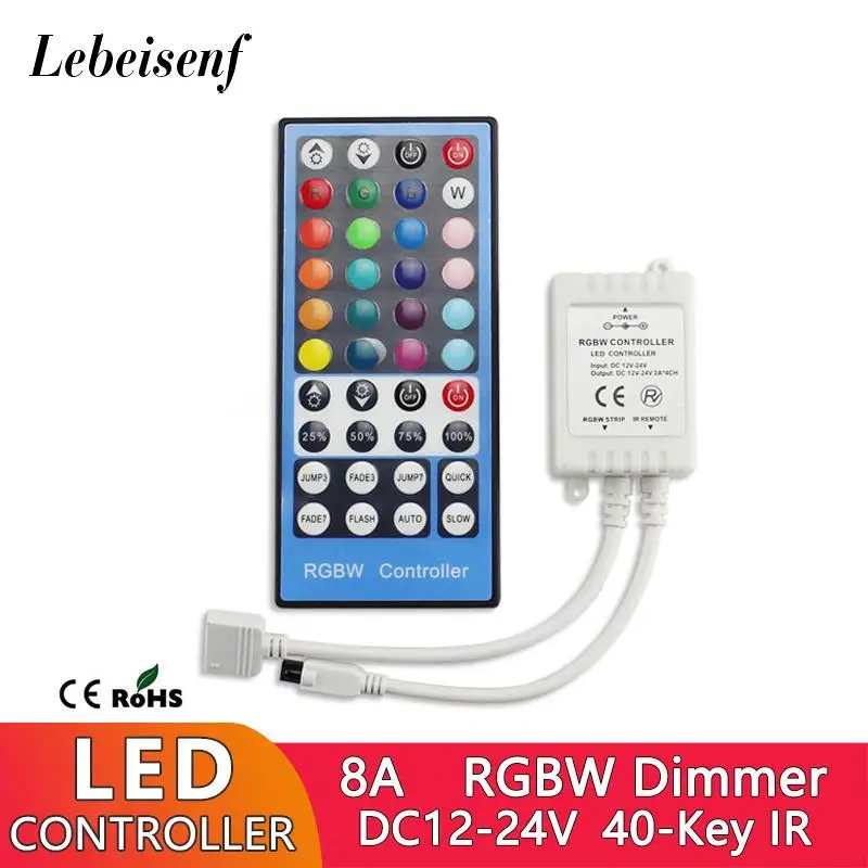 

RGBW Controller 8A DC12V 24V Lighting Dimmer with 40 Key IR Remote Control for 5050 LED RGB W Full Color Light Strip String Lamp