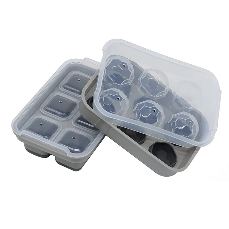 

Large Ice-Cube Trays With Lids Silicone Combo Big Square Cocktails Ice-Cube Tray & Sphere Whiskey Ice Ball 2Pcs