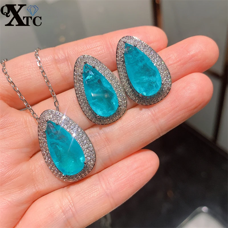 

QXTC Vintage Gemstone Cocktail Party Jewelry Sets for Women Charms Paraiba Tourmaline Necklace Earrings Rings Gift Accessories