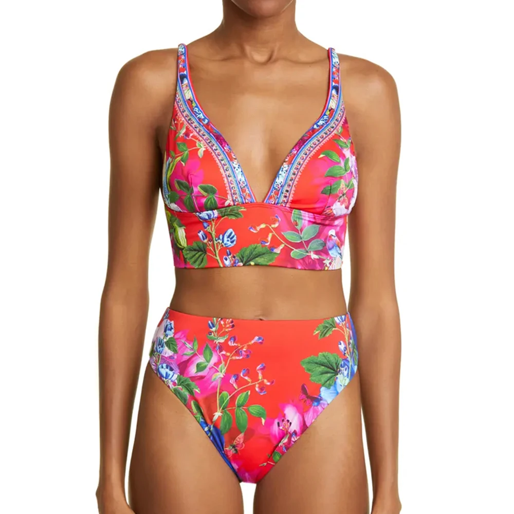 

Vintage Plant Floral Print Bikini Sexy Slim Swimsuit Sling Hot Spring Swimwear 2023 New Summer
