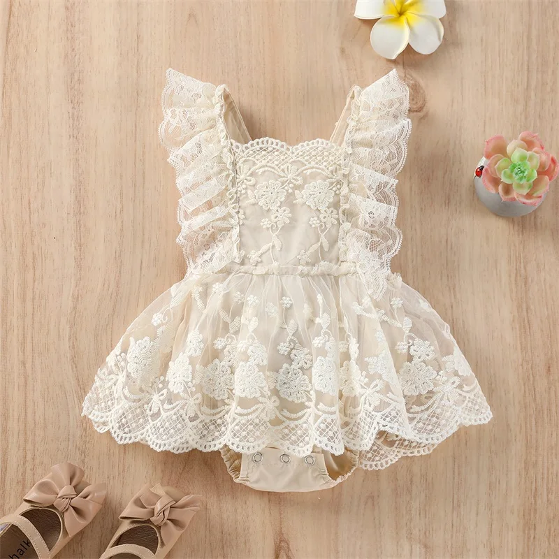 

Toddler Baby's Clothes Girls Romper Plain Floral Lace Embroidery Skirt Layered Adjustable Straps Snap Triangle-Bottom Jumpsuit