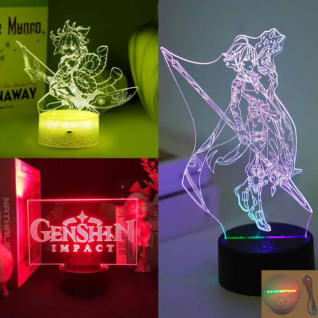 

Acrylic Sheet Game Genshin Impact Logo Anime Manga Led Night Light Or Two Tone Lamp Base Yelan Raiden Shogun Kid Gift Room Decor
