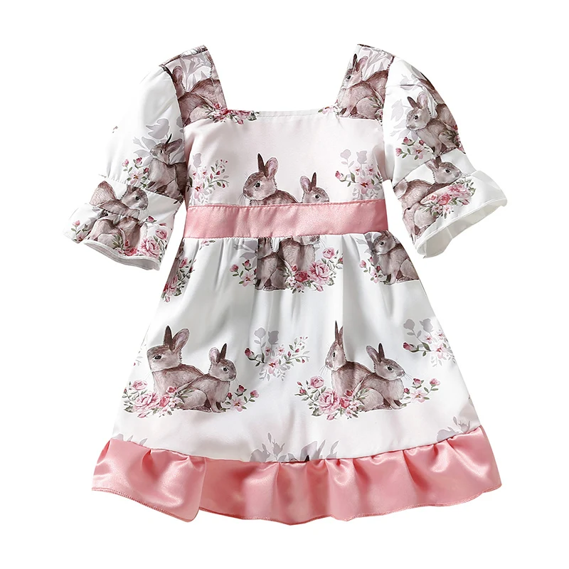 

2022 Summer Baby Girl's Dress, Rabbit Flower Print Puff Short Sleeve Square Neck Ruffle Hem Baby Toddler Kid Girl Dress