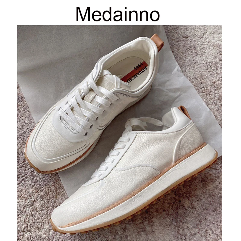 

Medainno 2022 Autumn New Fashion Women Genuine Leather Lacing Thick Sole Shoes Comfortable Wild Casual Simple Sneaker Female