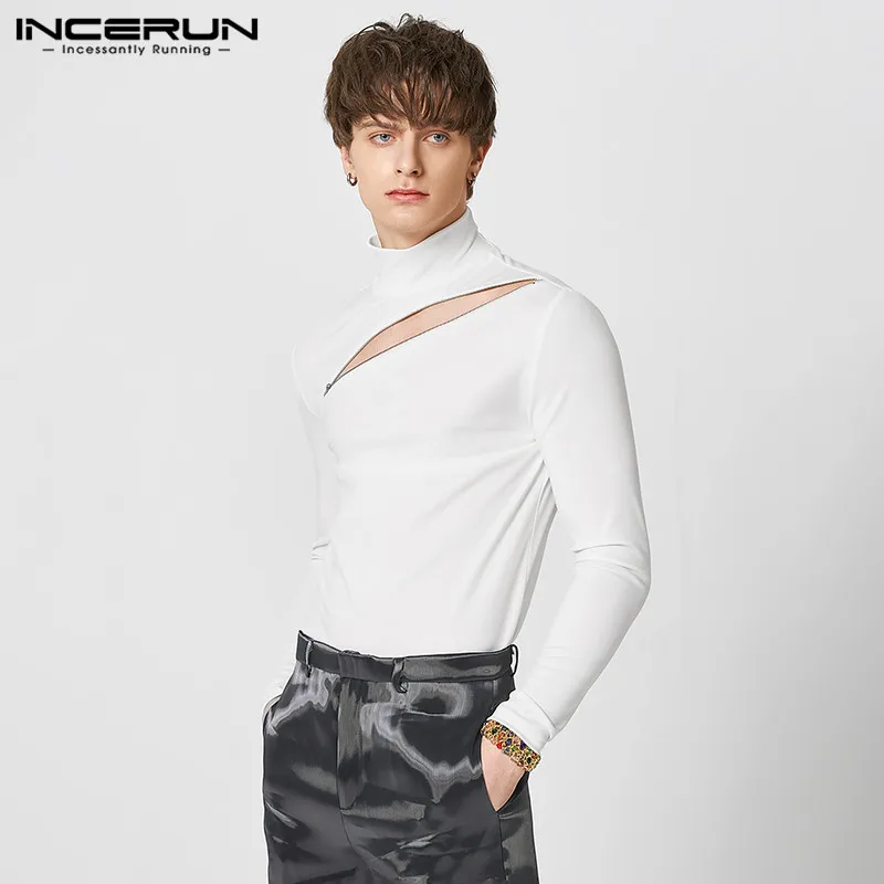 

American Style Men's Diagonal Zipper T-shirts Casual Solid All-match Knitted Tight Long Sleeve Camiseta S-5XL INCERUN Tops 2023