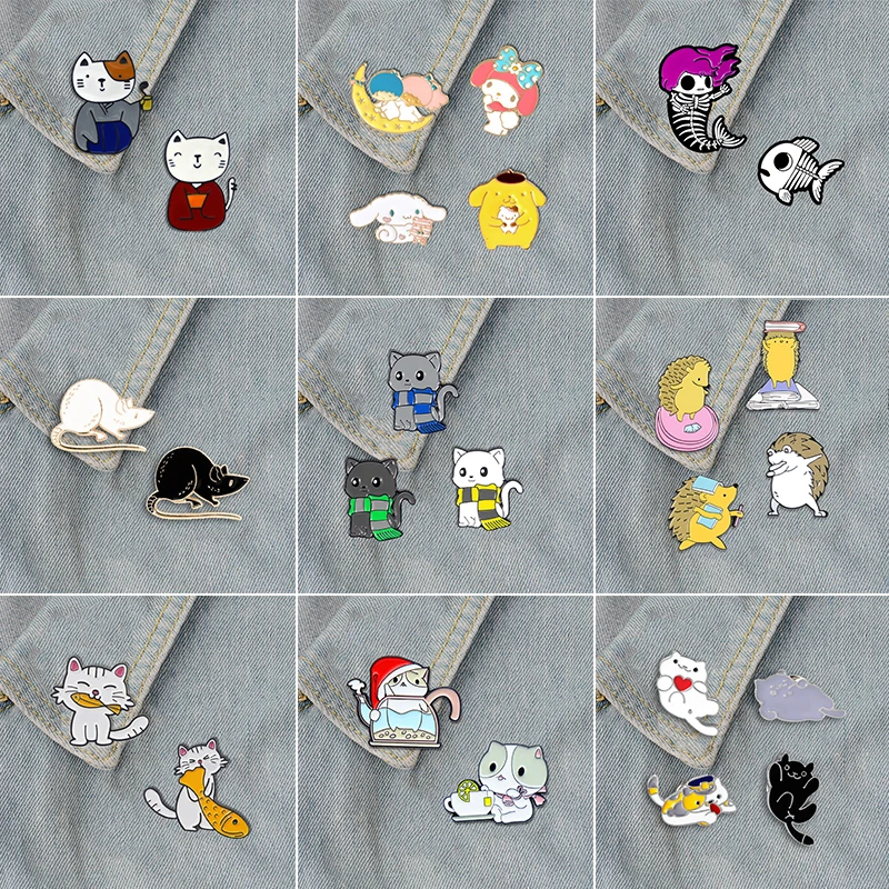 2-6pcs/set Cartoon Animal Enamel Pin Cat Dog Moon Boy Girl Brooch Clothes Backpack Badge Kawaii Kids Jewelry Gift Send to friend