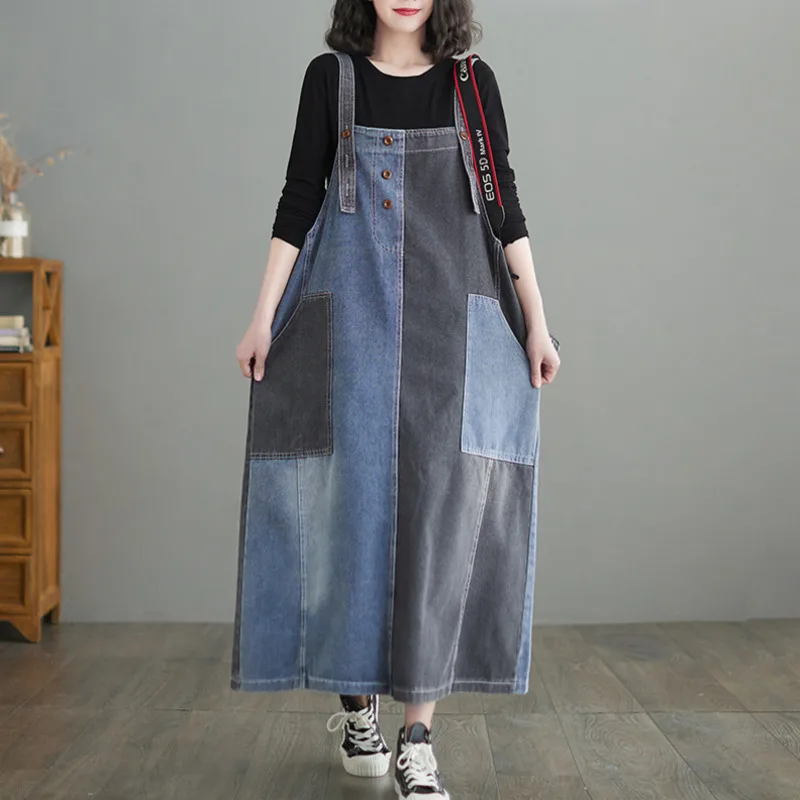 

Комбинированные платья, джинсовые комбинезоны, раньше, платье-трапеция в Корейском стиле, цветное свободное Синее джинсовое платье, винтаж...