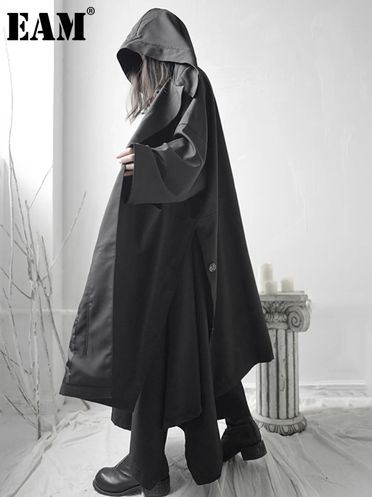 

[EAM] Loose Fit Black Vent Split Joint Big Size Long Jacket New Hooded Long Sleeve Women Coat Fashion Tide Spring 2022 1S662