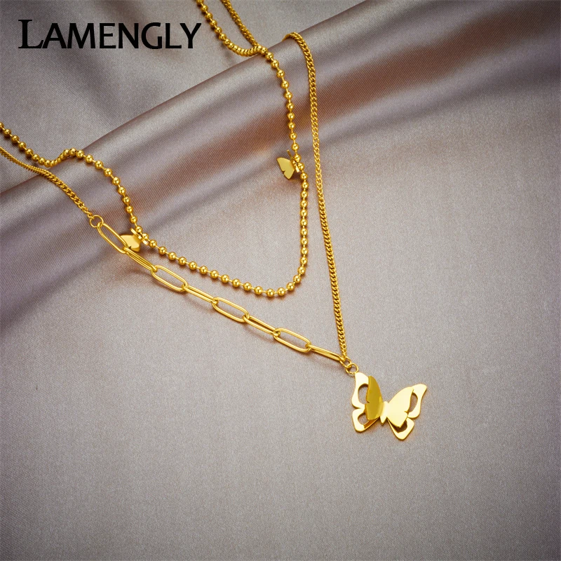 

LAMENGLY 316L Stainless Steel Gold Color Multilayer Butterfly Pendant Necklace for Women Fashion Sweater Chain Punk Jewelry Gift