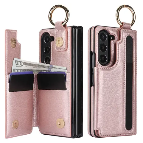 Funda para teléfono con anillo de cuero artificial para Samsung Galaxy Z Fold 6 5 4 3 Funda con portalápices y ranura para tarjetas sin lápiz Fold5 Fold4 Fold6 5G