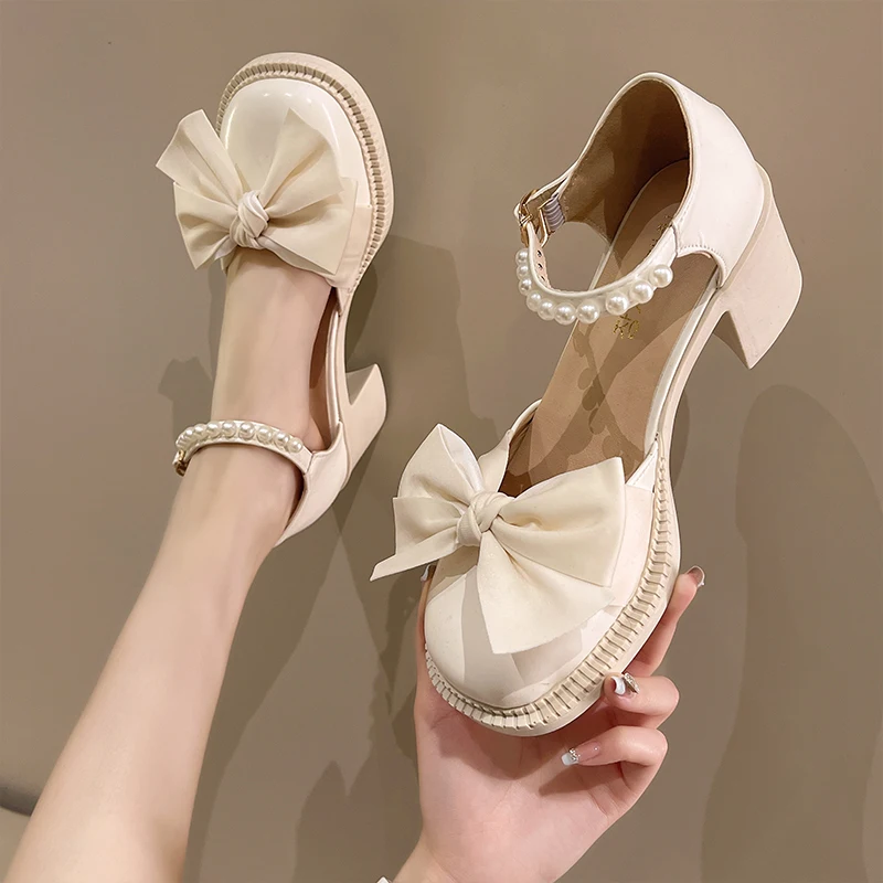 

Female Sandal Bow Shoes 2022 Women's High Heels Med Girls New High-heeled Closed Fashion Block Summer Comfort Medium Clear