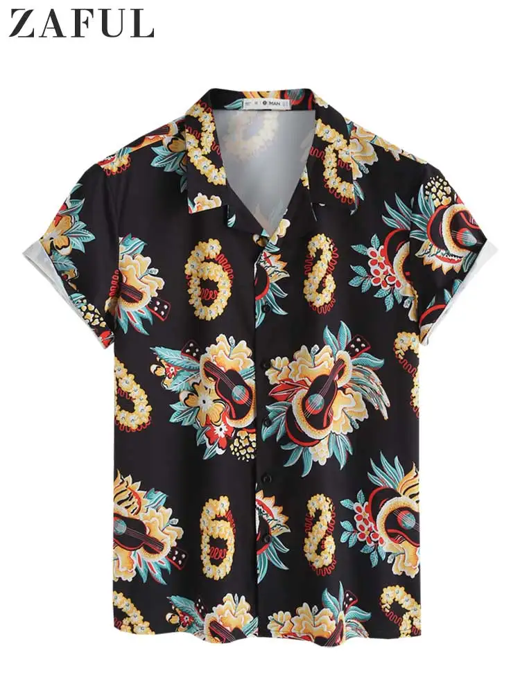 

ZAFUL Shirts for Men Floral Print Hawaiian Style Blouses Casual Short Sleeve Streetwear Tops Lapel Summer Vacation Shirt