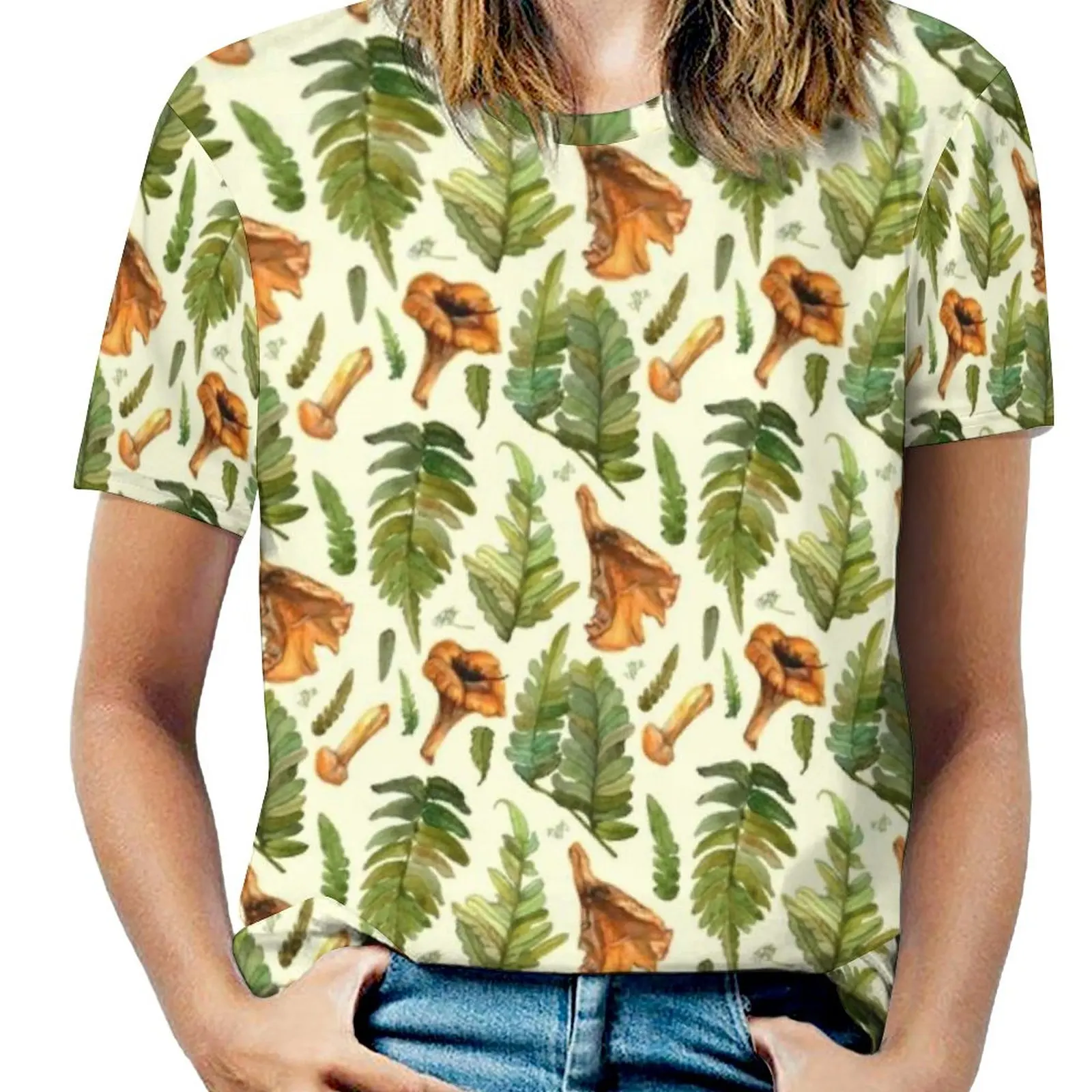 

Ferns And Mushrooms Pattern Fashion Print Women Ladies Girls T-Shirt Harajuku Round Neck Short Sleeve Tops & Tees Pattern Fern