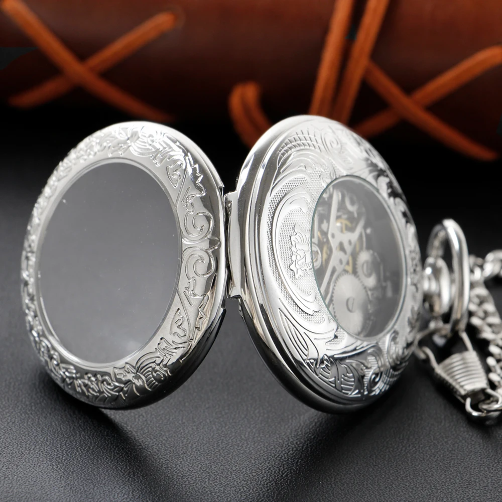 Silver Pattern Hollow Engraving Mechanical Pocket Watch High Quality Unisex Necklace Timing Pendant for Men and Women Pjx054