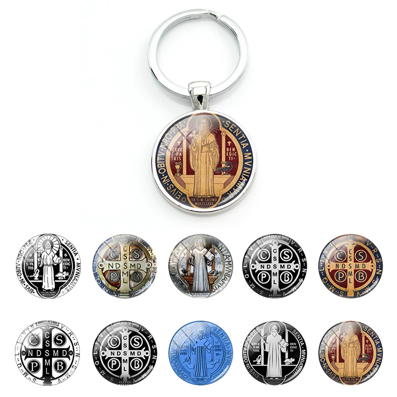 

TAFREE Saint Benedict Figure Keychains Catholicism Medallion Glass Dome Key Holders Vintage Jewelry For Believer Gifts QKT466