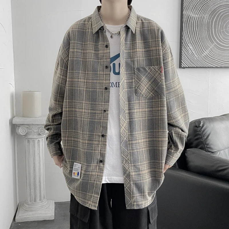 

Korean Man Vintage Plaid Shirts High Quality Oversized Tops Spring Men Long Sleeve Shirt Male Trendyol Casual Flannel Blouses