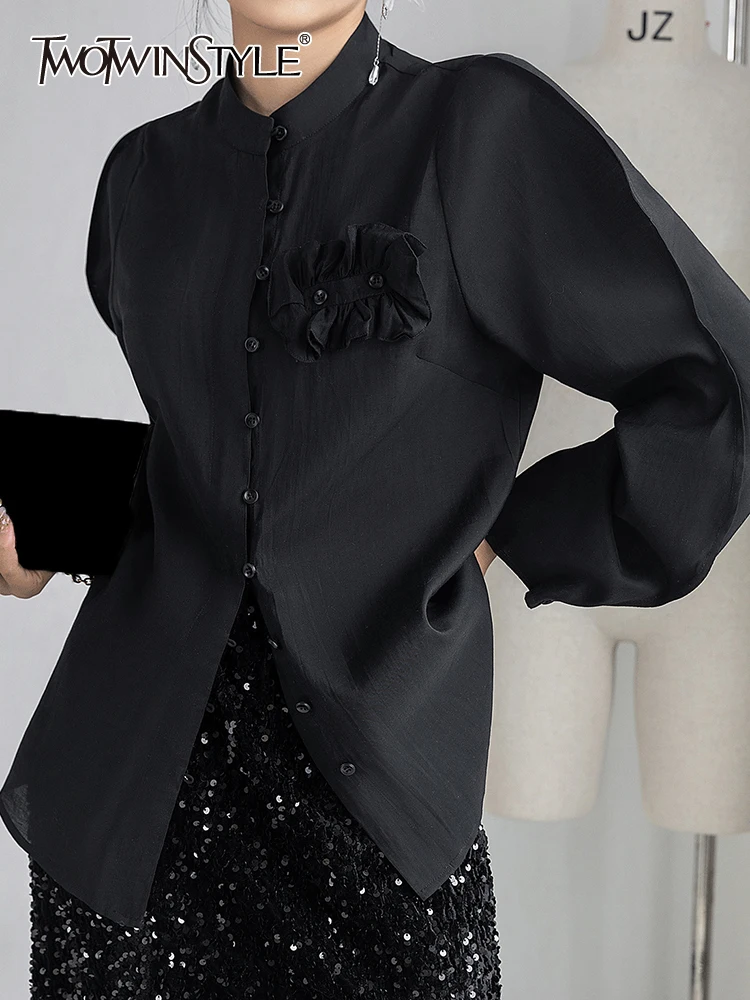 

TWOTWINSTYLE Minimalist Patchwork Single Breasted Shirts For Women Stand Collar Long Sleeve Loose Solid Blouse Female Fashion