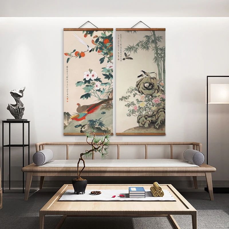 

MT2024 Chinese Style flower bird Decorative Wall Art Canvas Posters Solid Wood Scroll Paintings