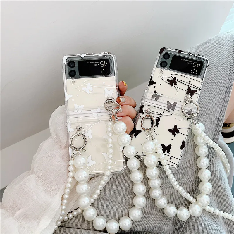 

Cute Butterfly Crossbody Pearl Necklace With Lanyard Wristband Bracelet Phone Cases For Samsung Galaxy Z Flip 3 Chain Back Cover