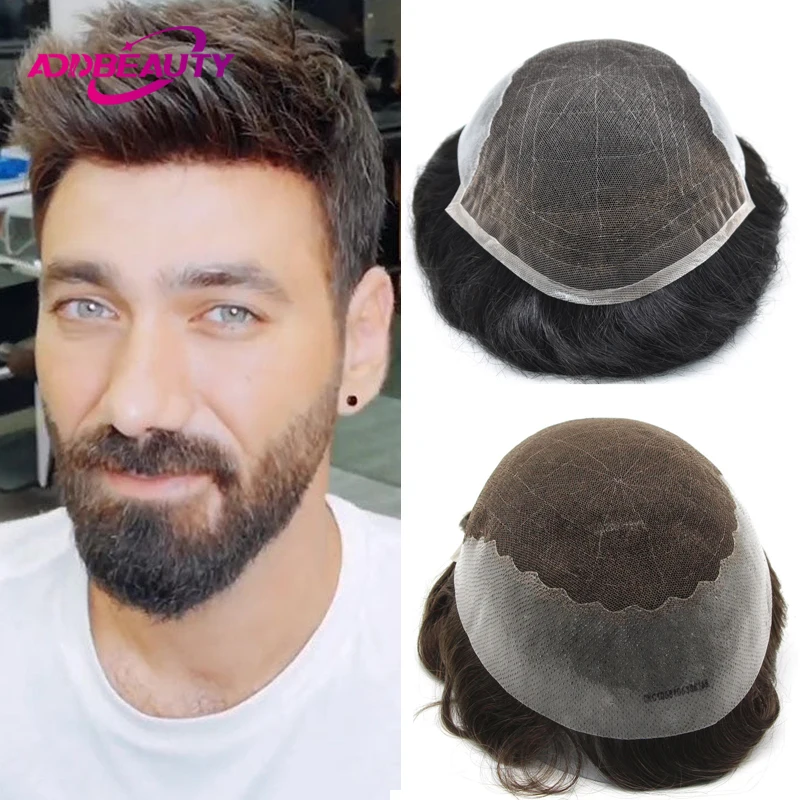 Lace PU Men Toupee Human Hair Wigs Indian Hair System Wave Straight Capillary Prosthesis Dark Brown With Grey Natural Hairpiece