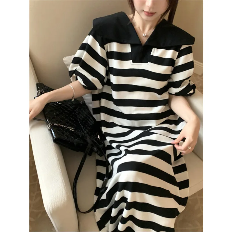 

French Bellflower Summer Loose Stripe Sailor Navy Collar Short sleeve Skirts Women Puff Sleeves Temperament Mid Length Dress New