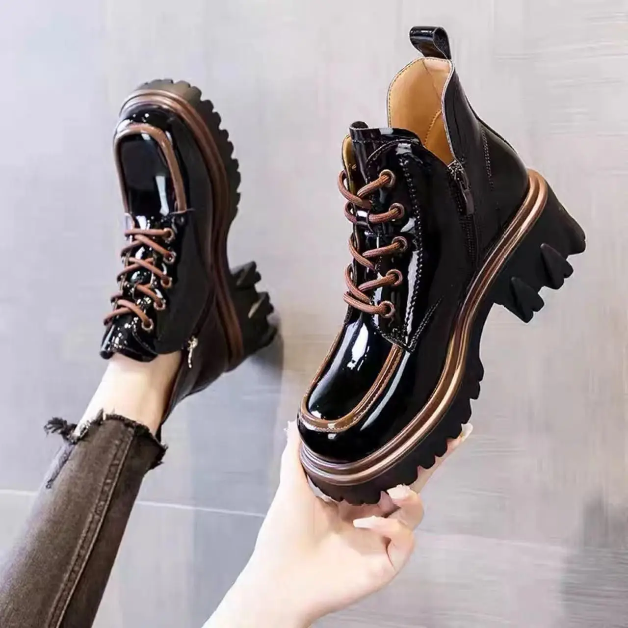 

2023 New Ladies Combat Autumn Zipper Boot Women's Shoes Woman Fashion Glossy Leather Ankle Boots Winter Comfortable Boots