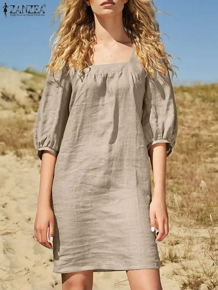 

Платье ZANZEA женское вечернее до колен, модный элегантный Однотонный сарафан с квадратным вырезом и рукавом 2022, праздничное, 3/4